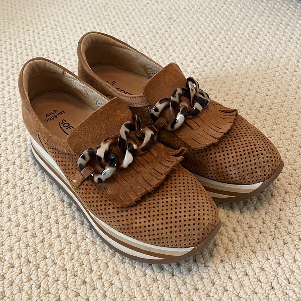 Softwaves Women's Brown Suede Fringe Cognac Caddie Slip-On Sneakers 38.5 8.5